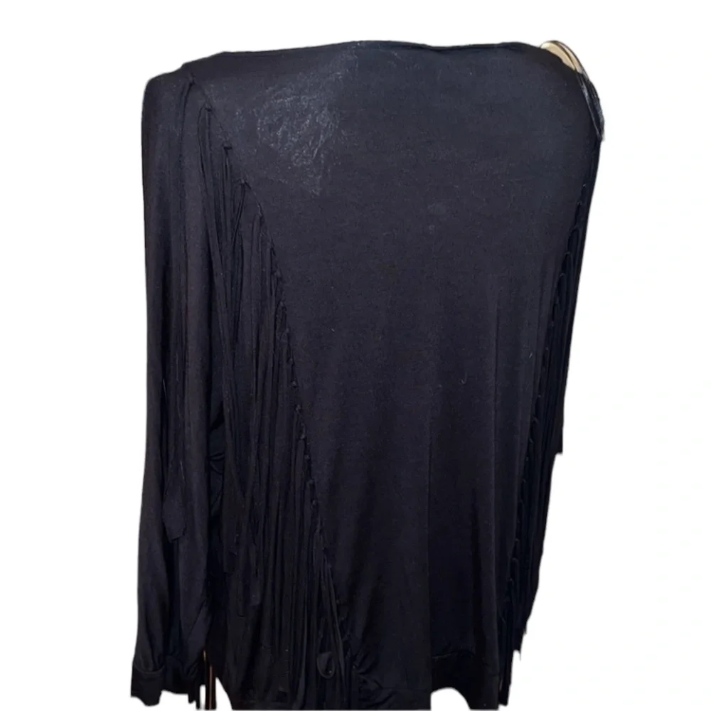 Micheal Kors size large black 3/4 sleeve fringe top ,draped neckline  banded hem